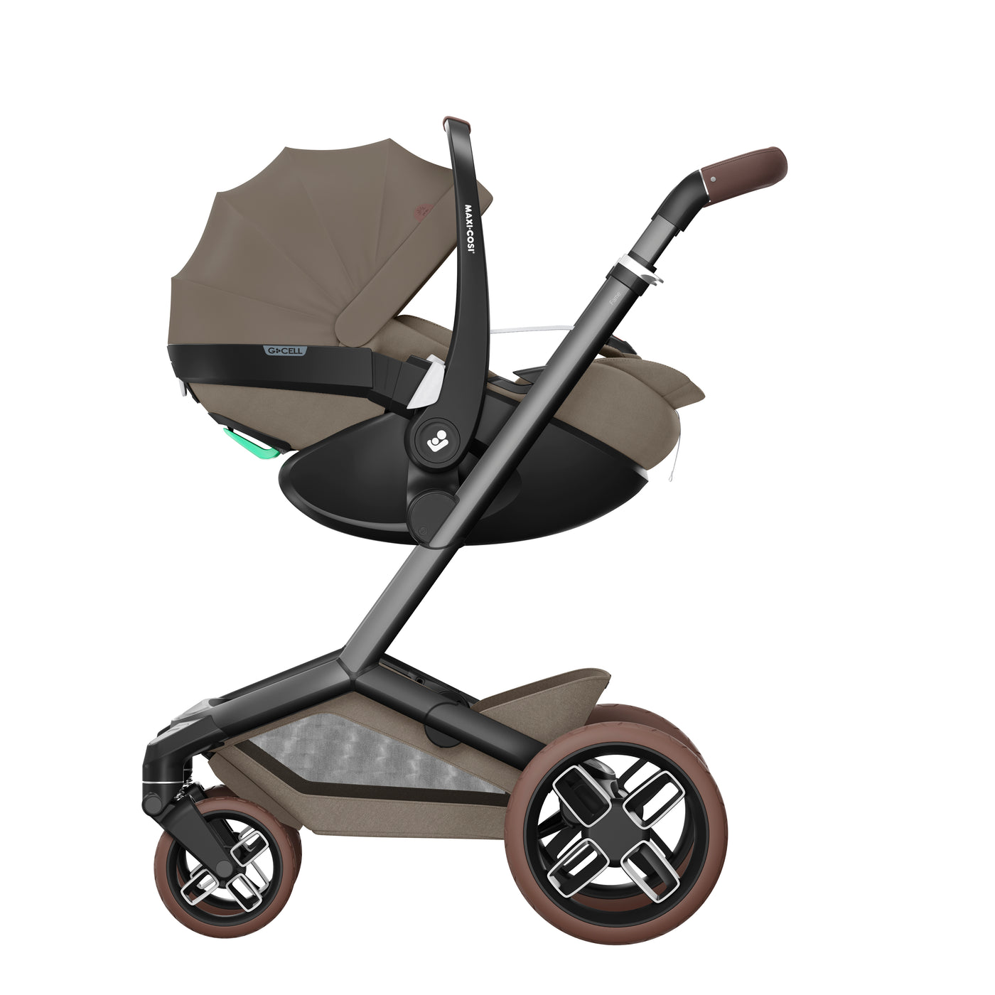Maxi-Cosi Fame Premium 10 Piece Travel System - Twillic Truffle/Brown Wheels