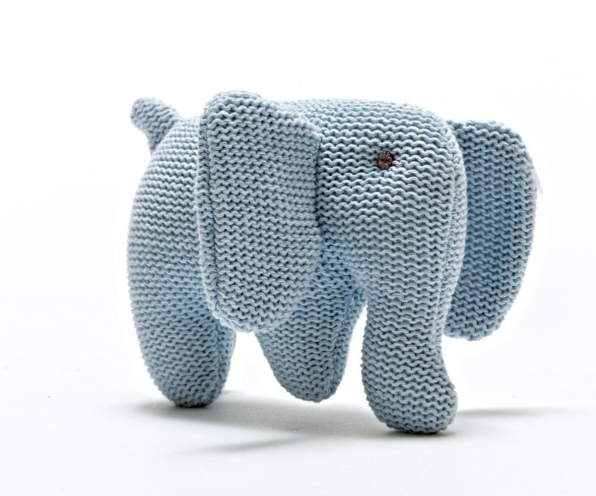 Knitted Organic Elephant Baby Rattle- Blue